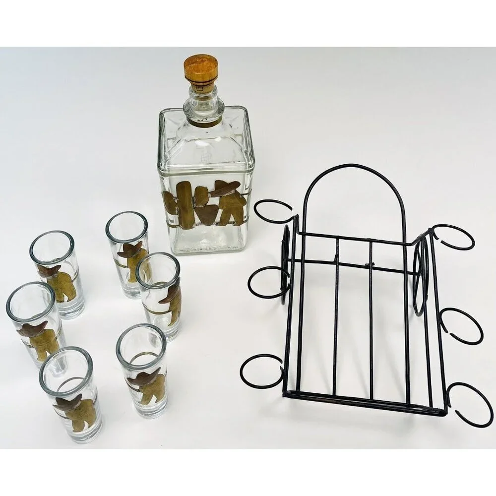 Handmade Herradura Tequila DECANTER & 6 SHOT GLASS SET in Rack w/ Metal Accents